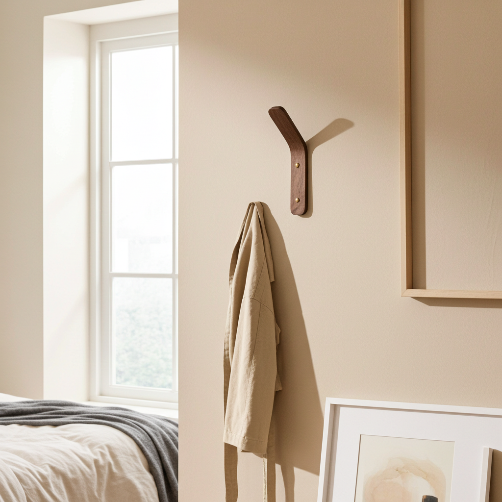 Wooden wall hook with a beige coat hanging on a beige wall next to a window.