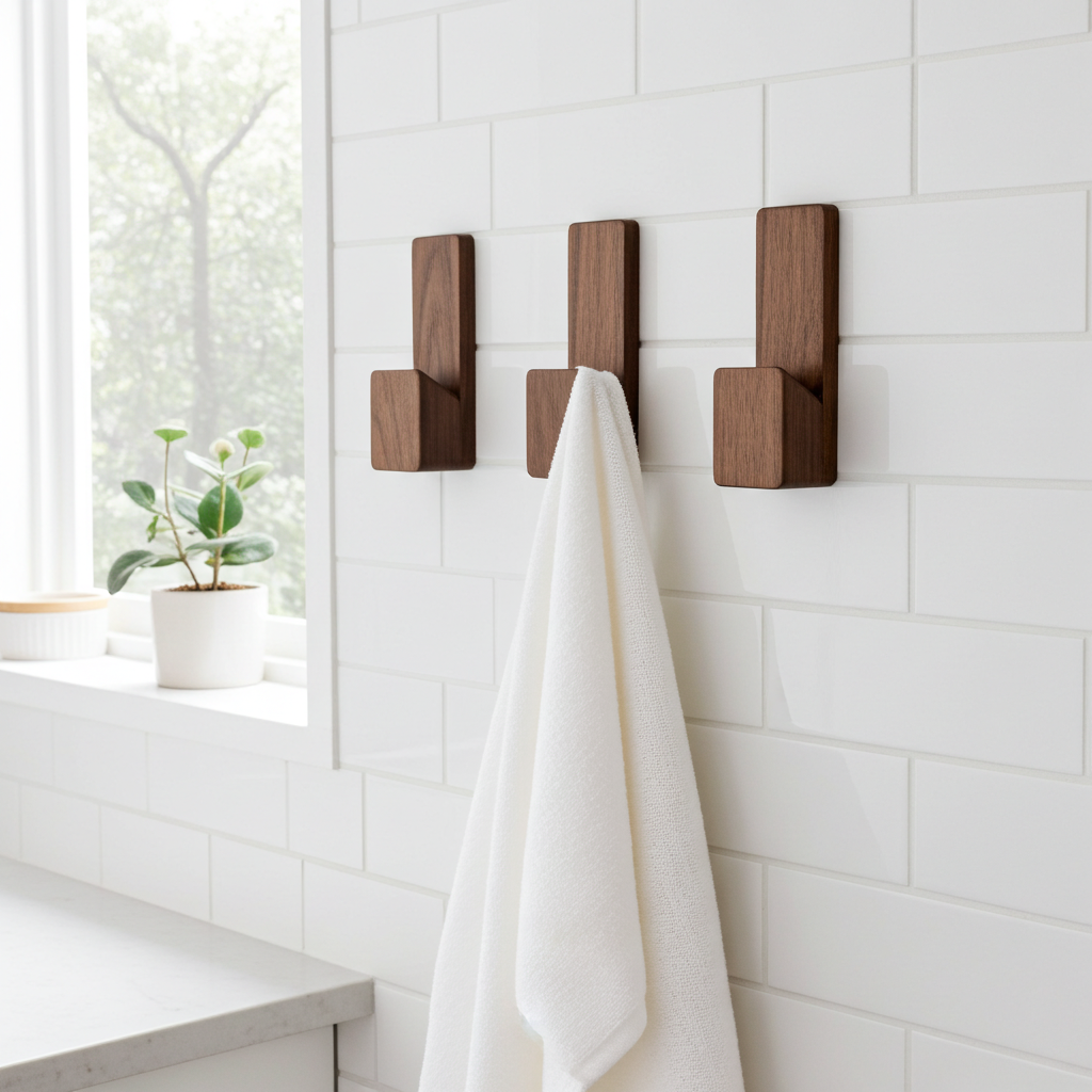 Adhesive wall hooks on a white tiled wall with a white towel hanging from one of them.