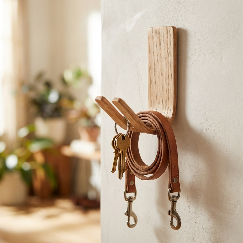 Minimal oak wall hook for keys leash and small essentials