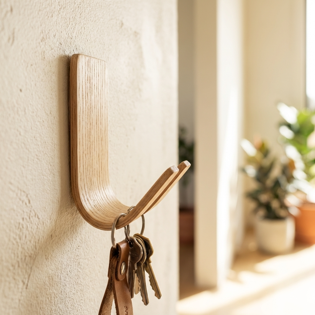 Minimalist oak wood wall hook for keys coats and dog leads