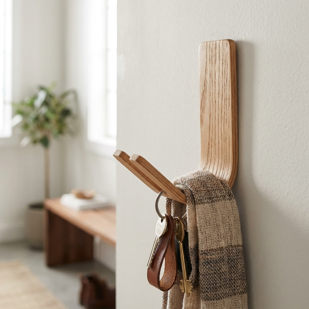 Modern oak adhesive wall hook for hallway keys and accessories