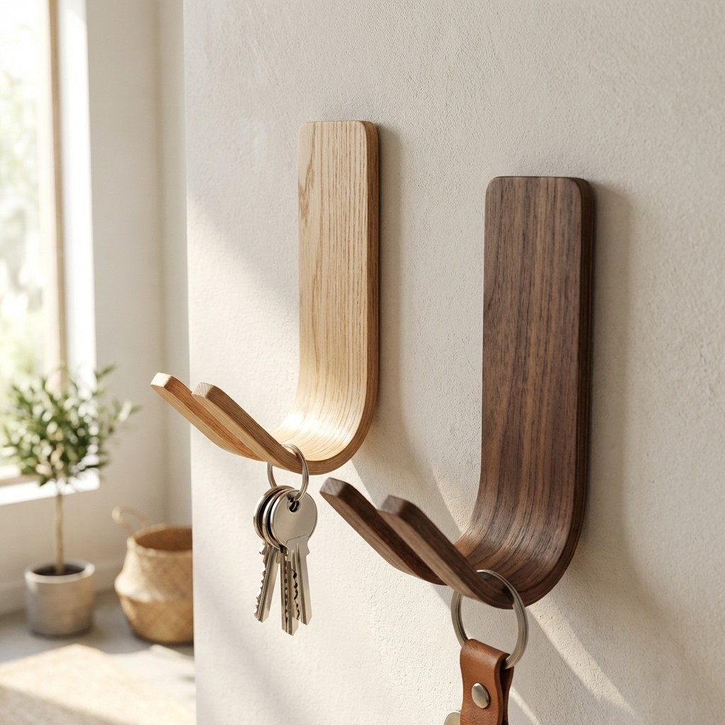 Modern walnut adhesive wall hook for hallway keys and accessories