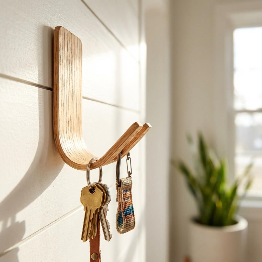 No drill oak wall hook for entryway keys and pet leash storage