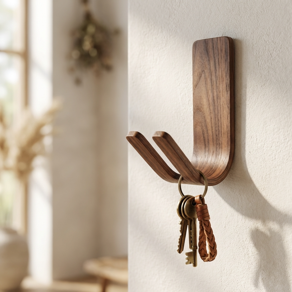No drill walnut wall hook for entryway keys and pet leash storage
