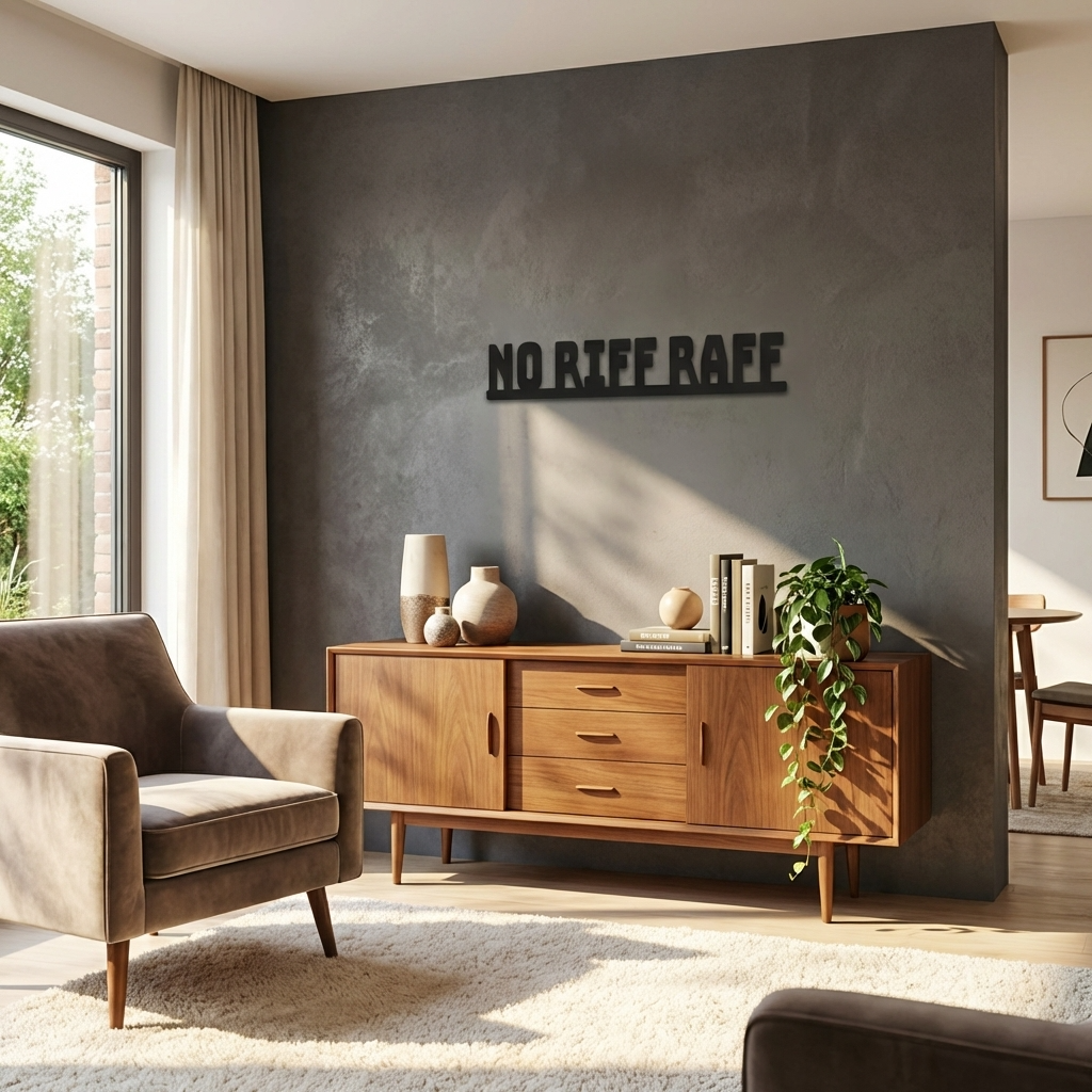 Modern living room with wooden sideboard, armchair, and decorative wall art no riff raff sign