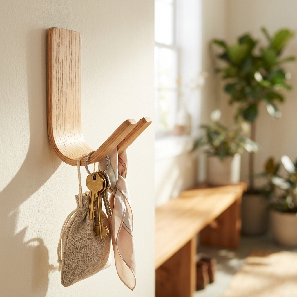 Solid oak wall hook for keys and dog leash adhesive mount no drill