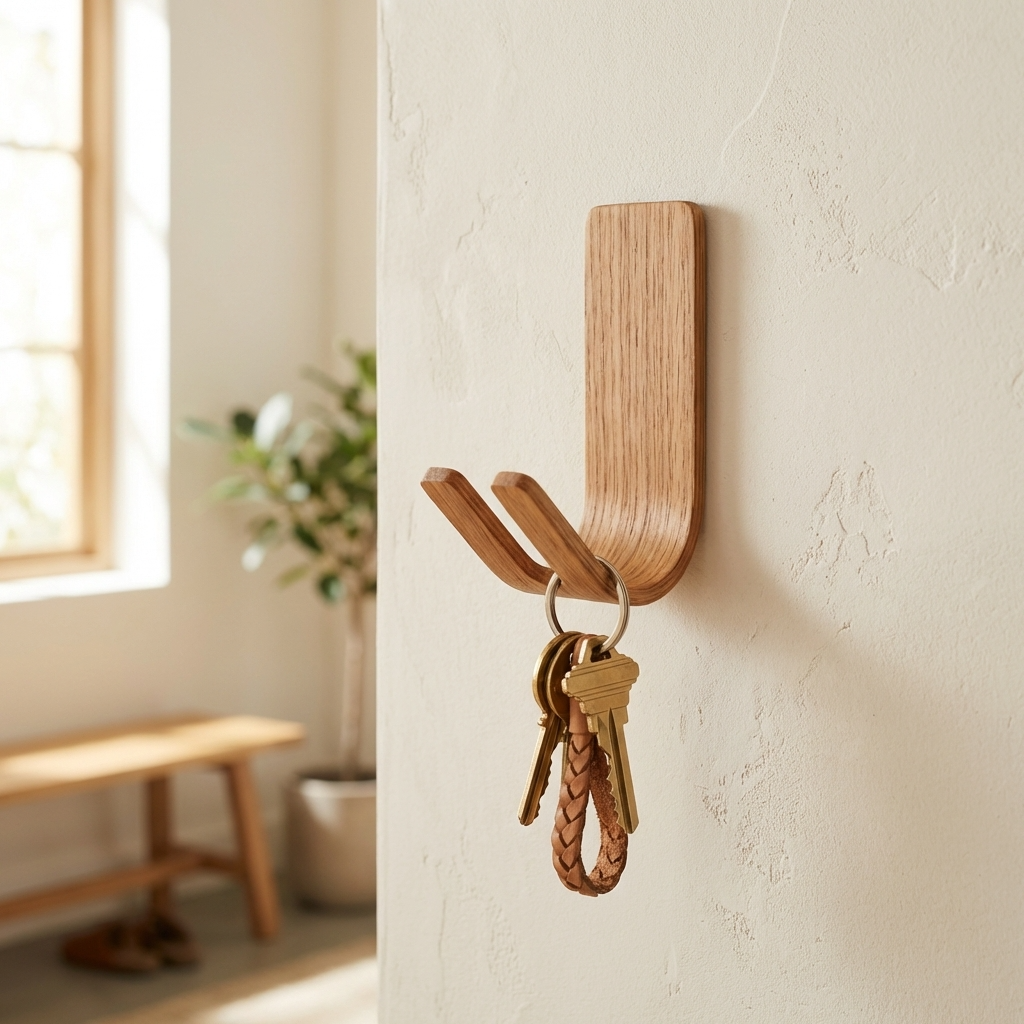 Adhesive oak key holder wall hook for modern entryway organisation