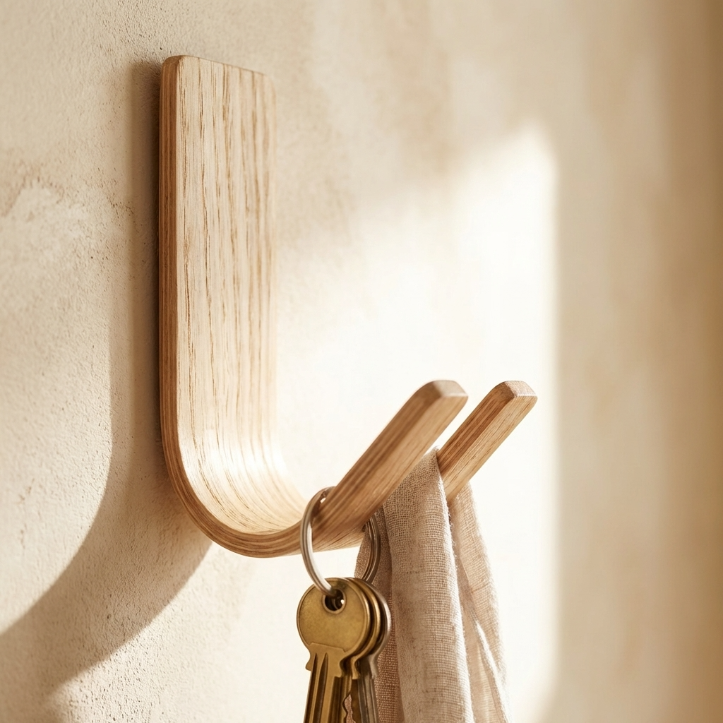 Solid oak adhesive hook for hallway keys and dog leash organiser