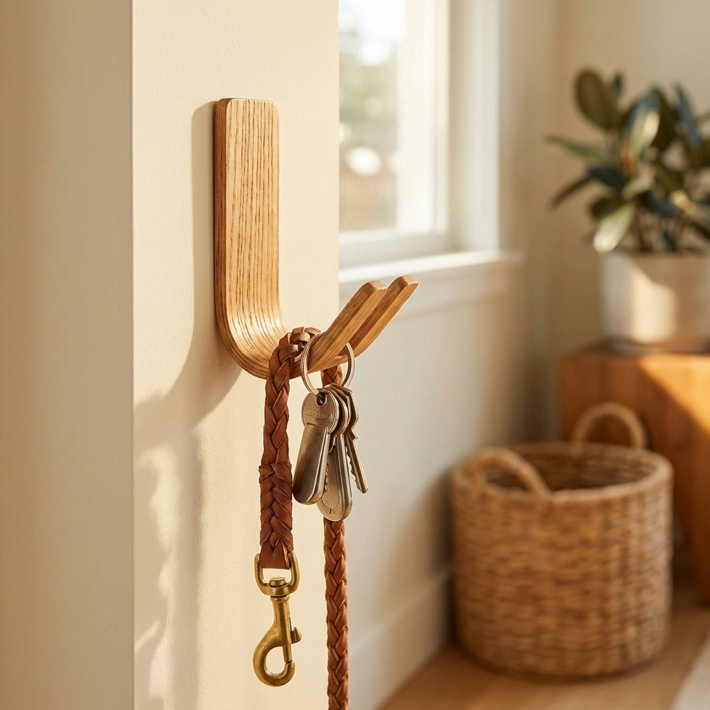 Oak hardwood adhesive wall hook for modern home storage solution