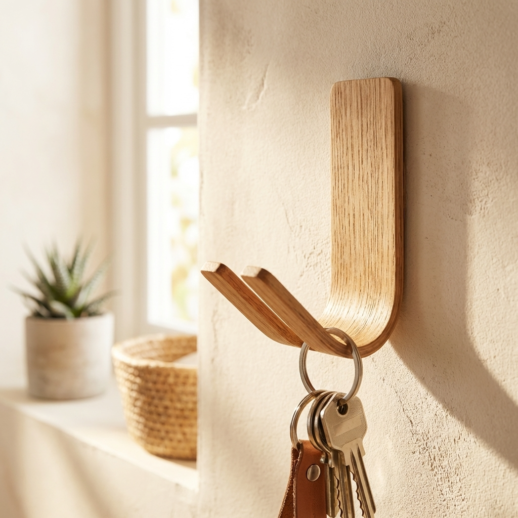 Solid wood oak hook no drill wall mount for keys and pet leads
