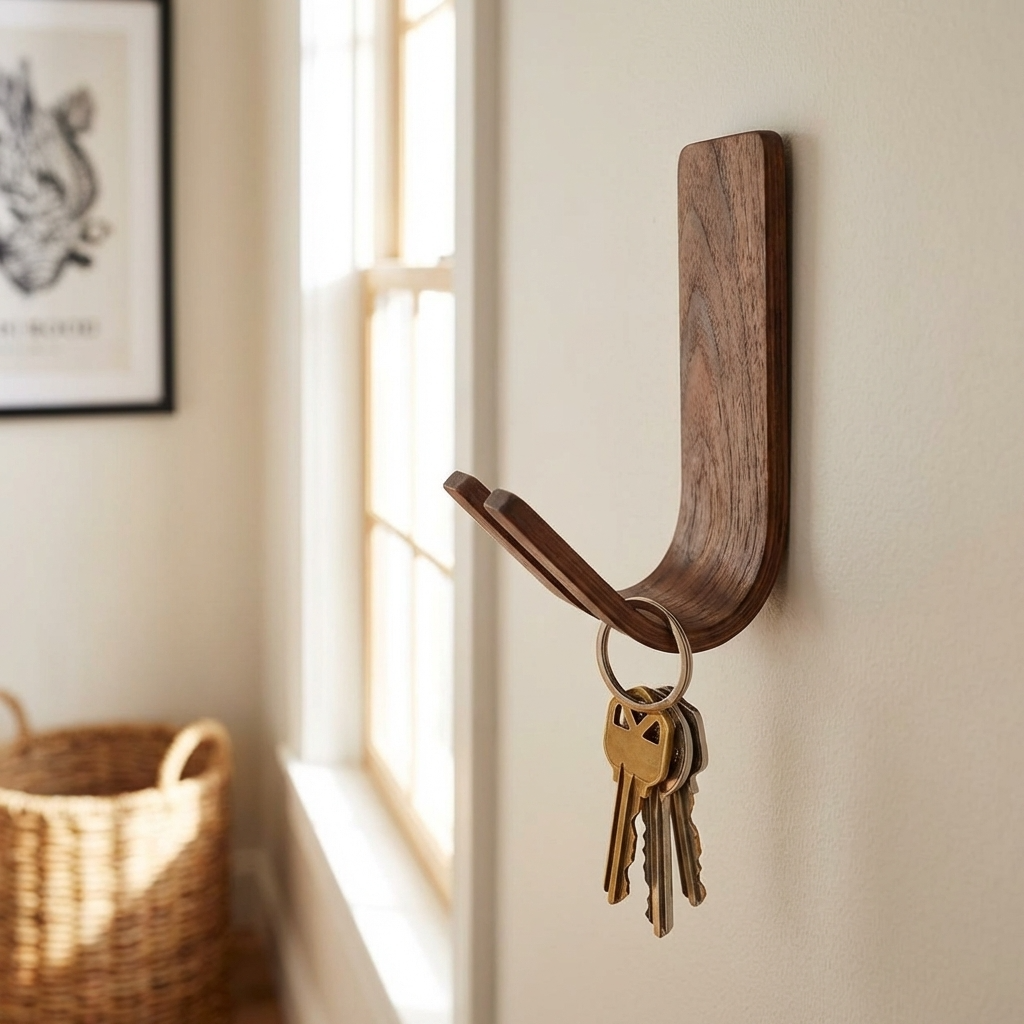 Solid wood walnut hook no drill wall mount for keys and pet leads