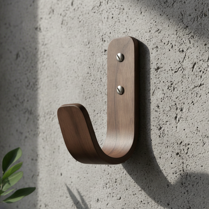 Walnut wooden hook fixed to concrete wall in a luxury hotel in California 