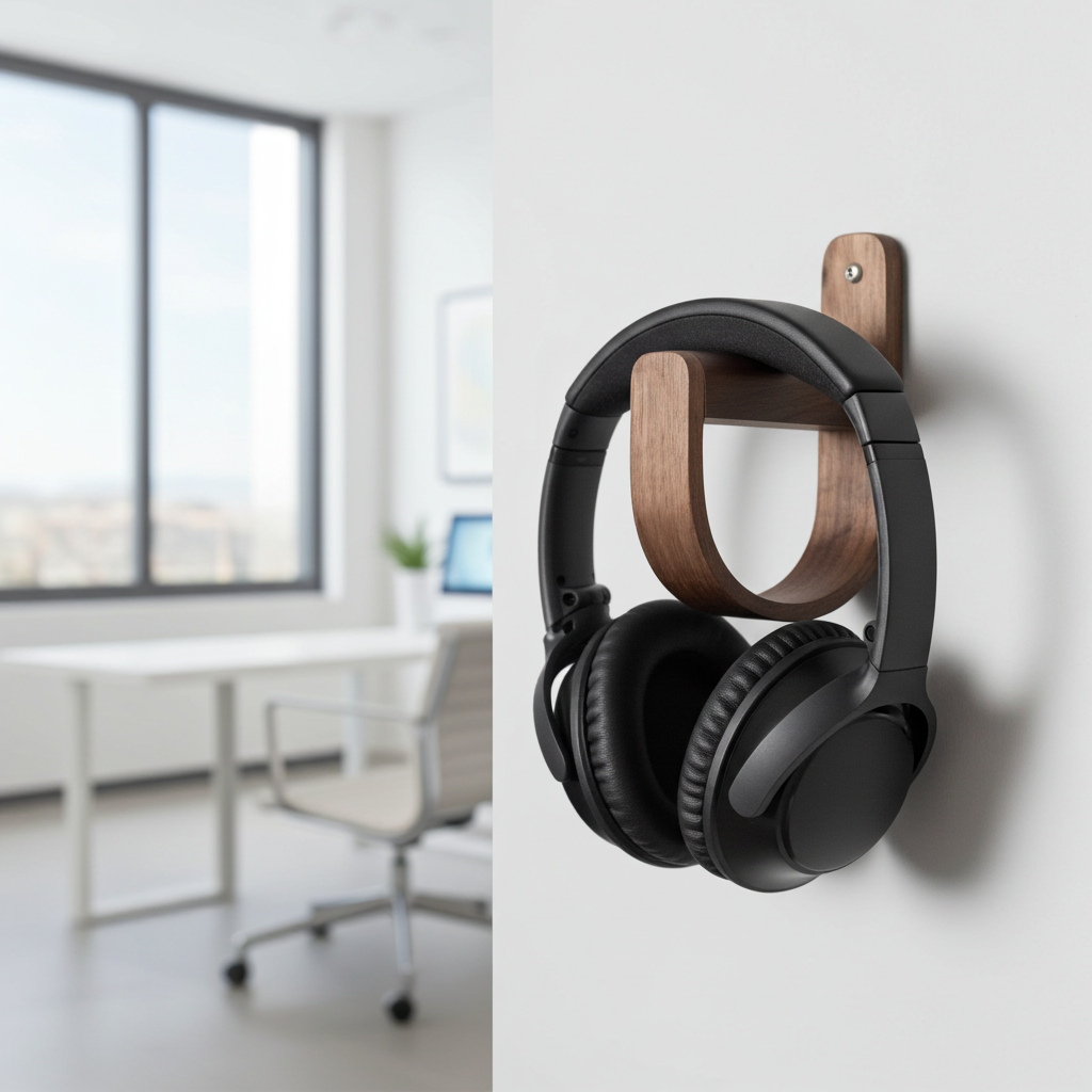 Black headphones on a wooden stand against a blurred office background