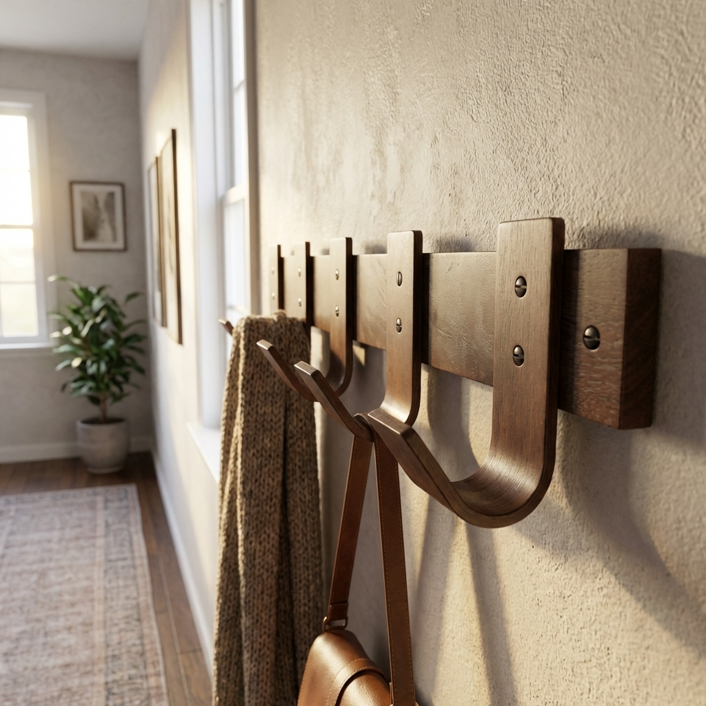 Wooden wall hooks with a coat and bag in a home setting
