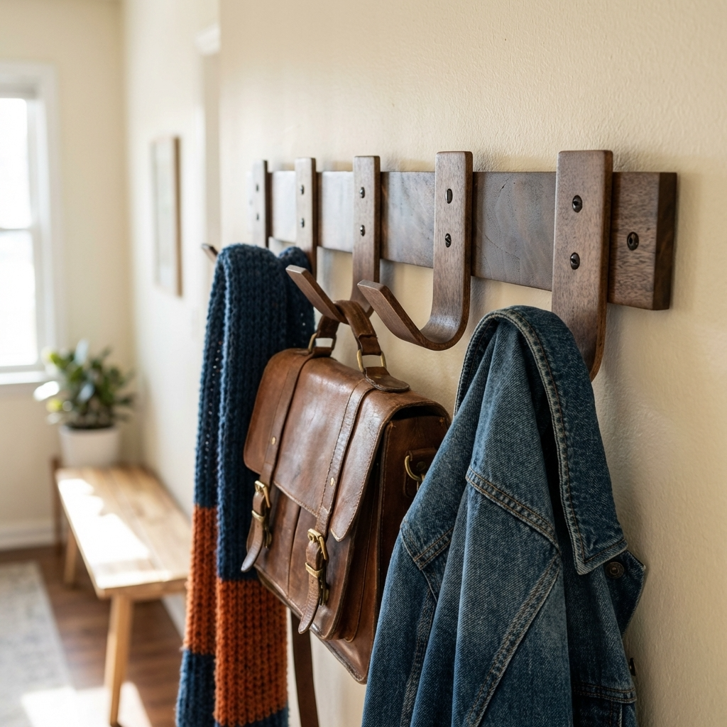 Wooden wall-mounted coat rack with hooks holding a jacket, bag, and scarf in a room.
