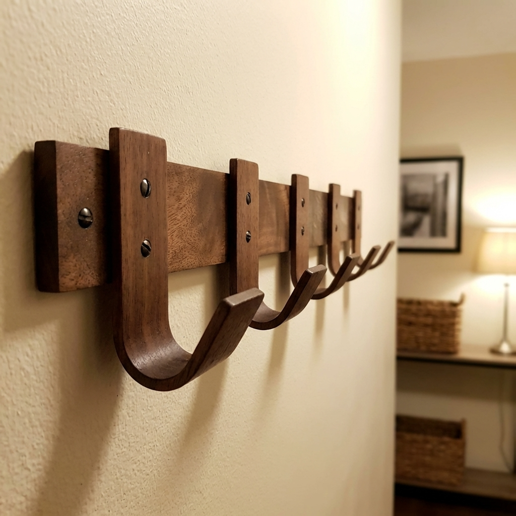 Decorated entryway with coats and accessories on rack