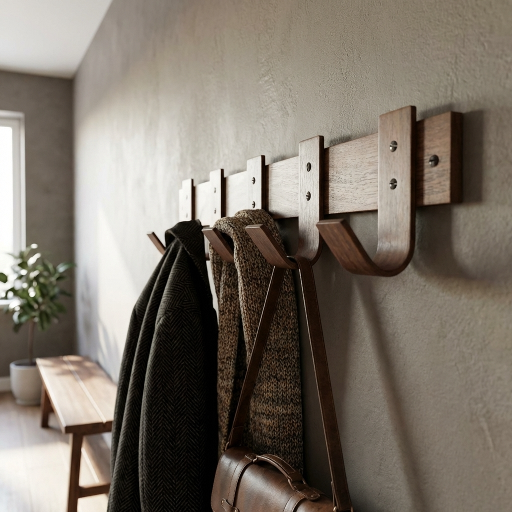 Mudroom with wall-mounted walnut coat rack