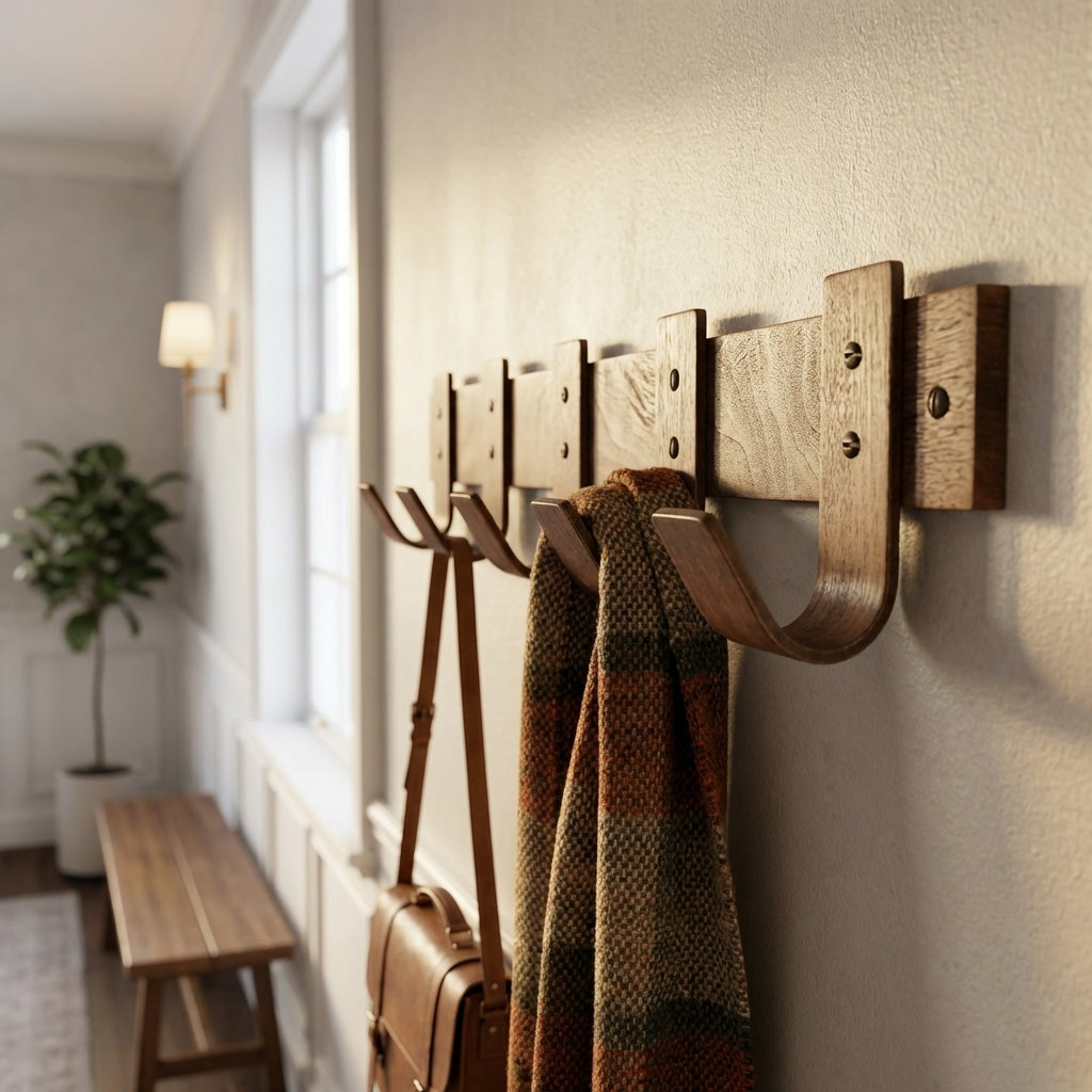 Wooden wall hooks with a coat and bag in a home setting