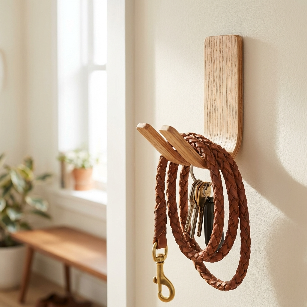 Wooden oak adhesive hook for entryway organisation and dog leads