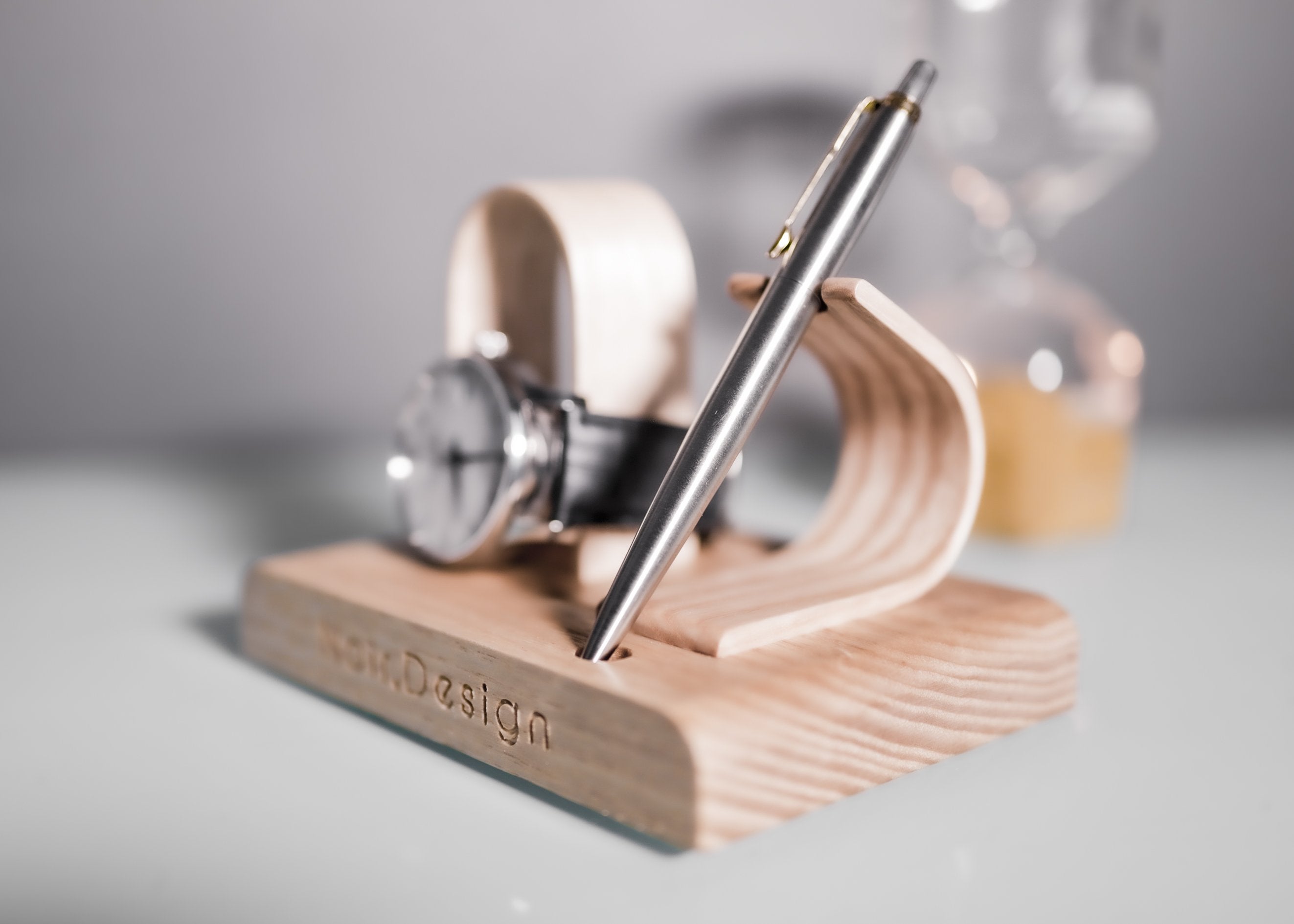 Handcrafted Oak Watch and Pen Stand | Premium Wooden Display Holder